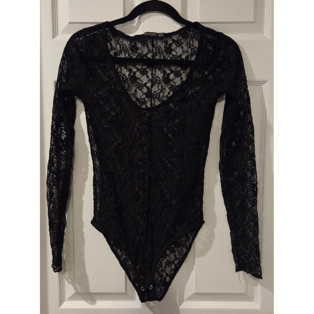 Stradivarius Black Floral Lace Bodysuit M Sheer Long Sleeve V Neck